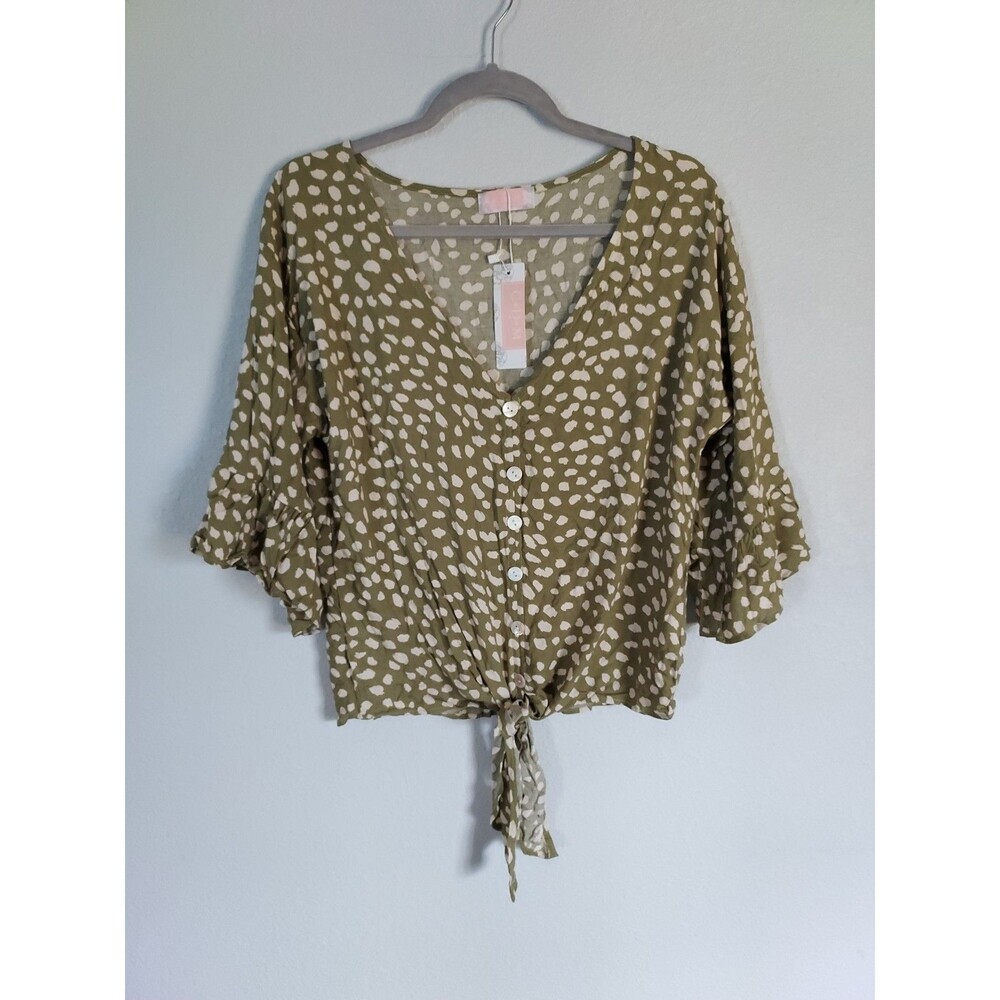 C+D+M Women's XL Button Tie 3/4" Sleeve Top Blouse Polyester Cotton NEW